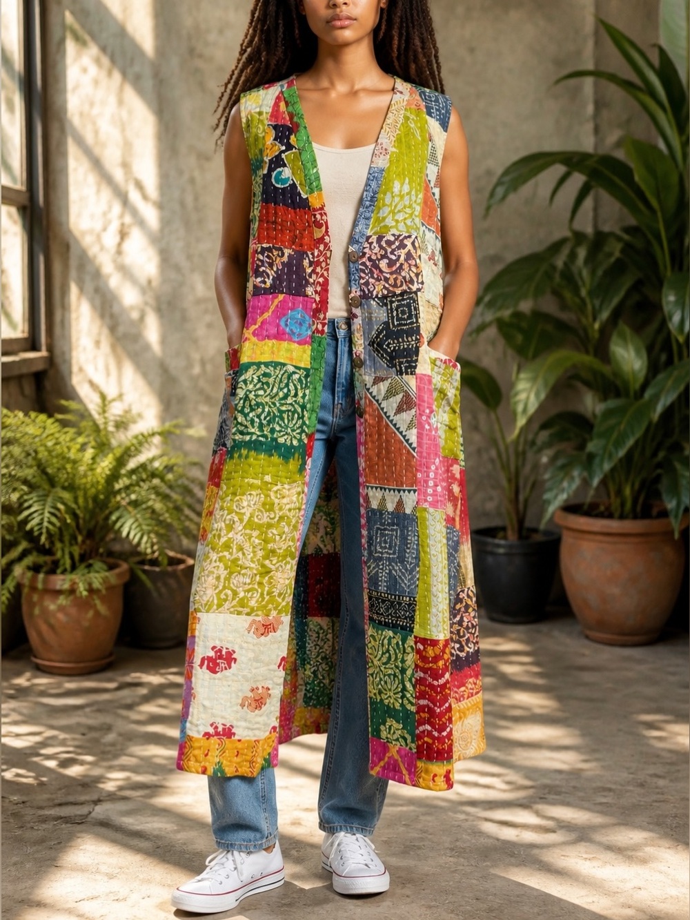 Relic828 Kantha Artwork Handmade Boho Colorful Patchwork Long Vest in L/XL